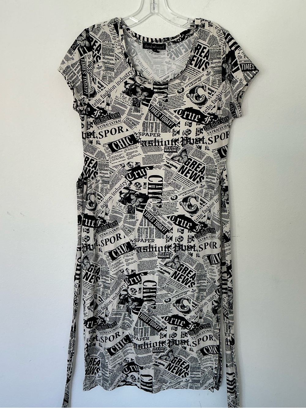 Derek Heart Newspaper Print Tie Waist Dress Size Large Black White Stretch